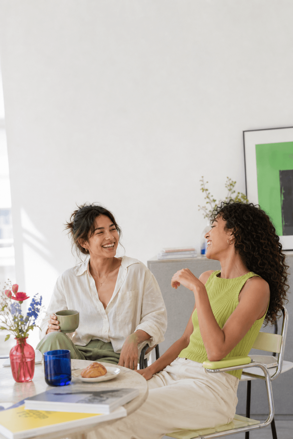 Two friends relaxing together while drops handles replies