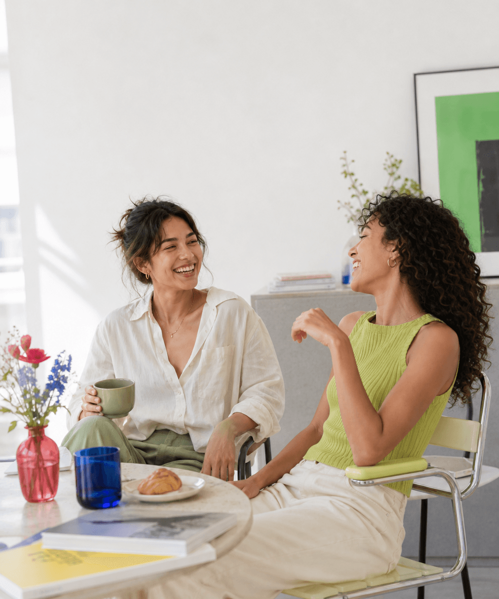 Two friends relaxing together while drops handles replies